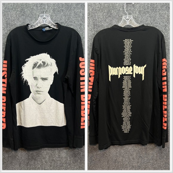 Justin Bieber Purpose Tour Merch Graphic T-Shirt LS Official H&M Collab Size M - Picture 1 of 15